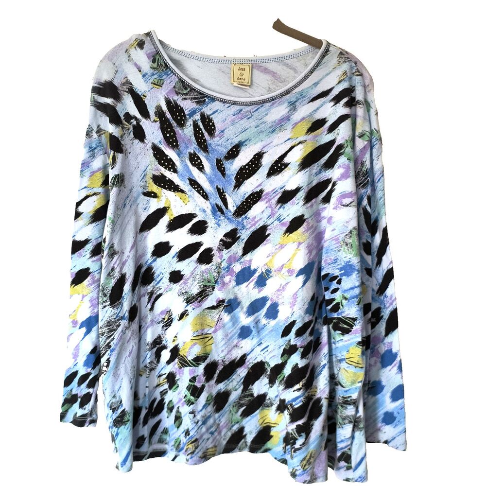 Jess & Jane Top 1X Blue Jungle 100% Cotton Tunic Abstract Artsy Bling USA Made